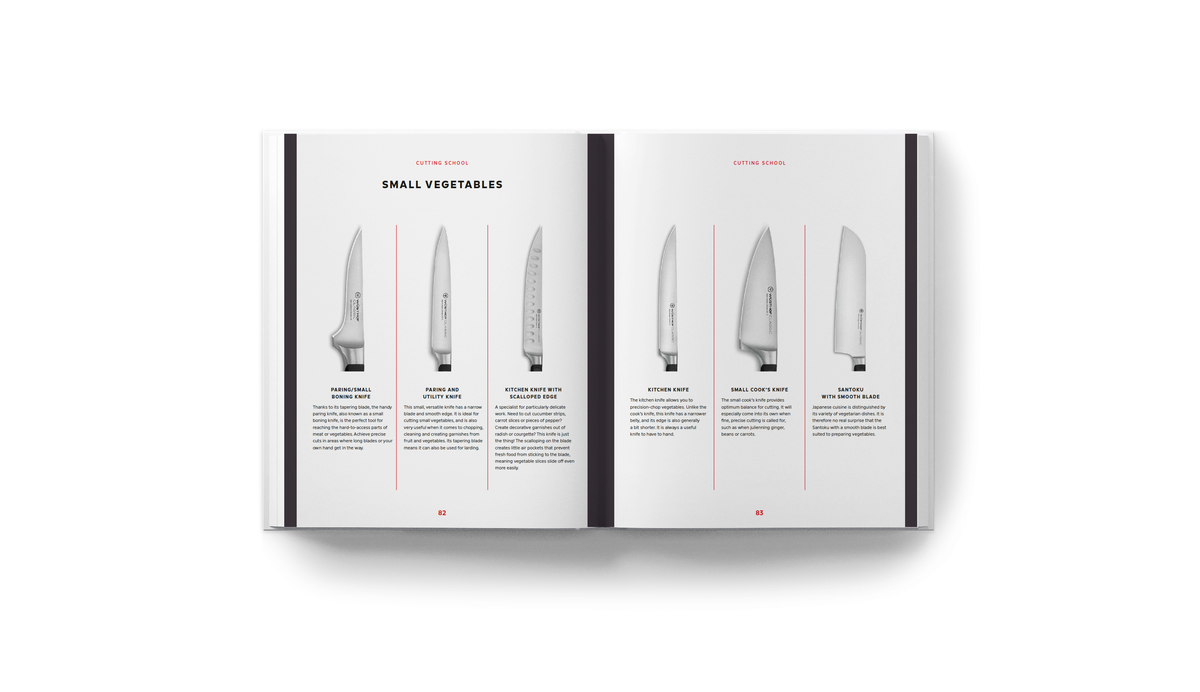 Open spread of Knives: Beyond Blades showing an informative guide on small vegetable knives with images and descriptions of various WÜSTHOF forged kitchen knives.