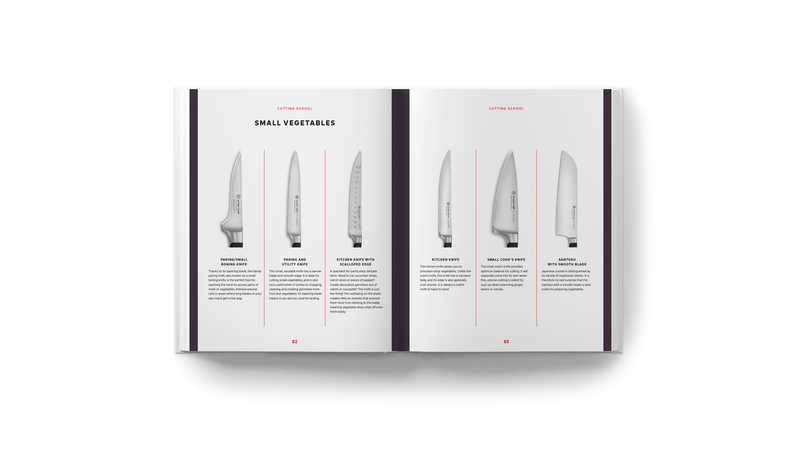 Open spread of Knives: Beyond Blades showing an informative guide on small vegetable knives with images and descriptions of various WÜSTHOF forged kitchen knives.