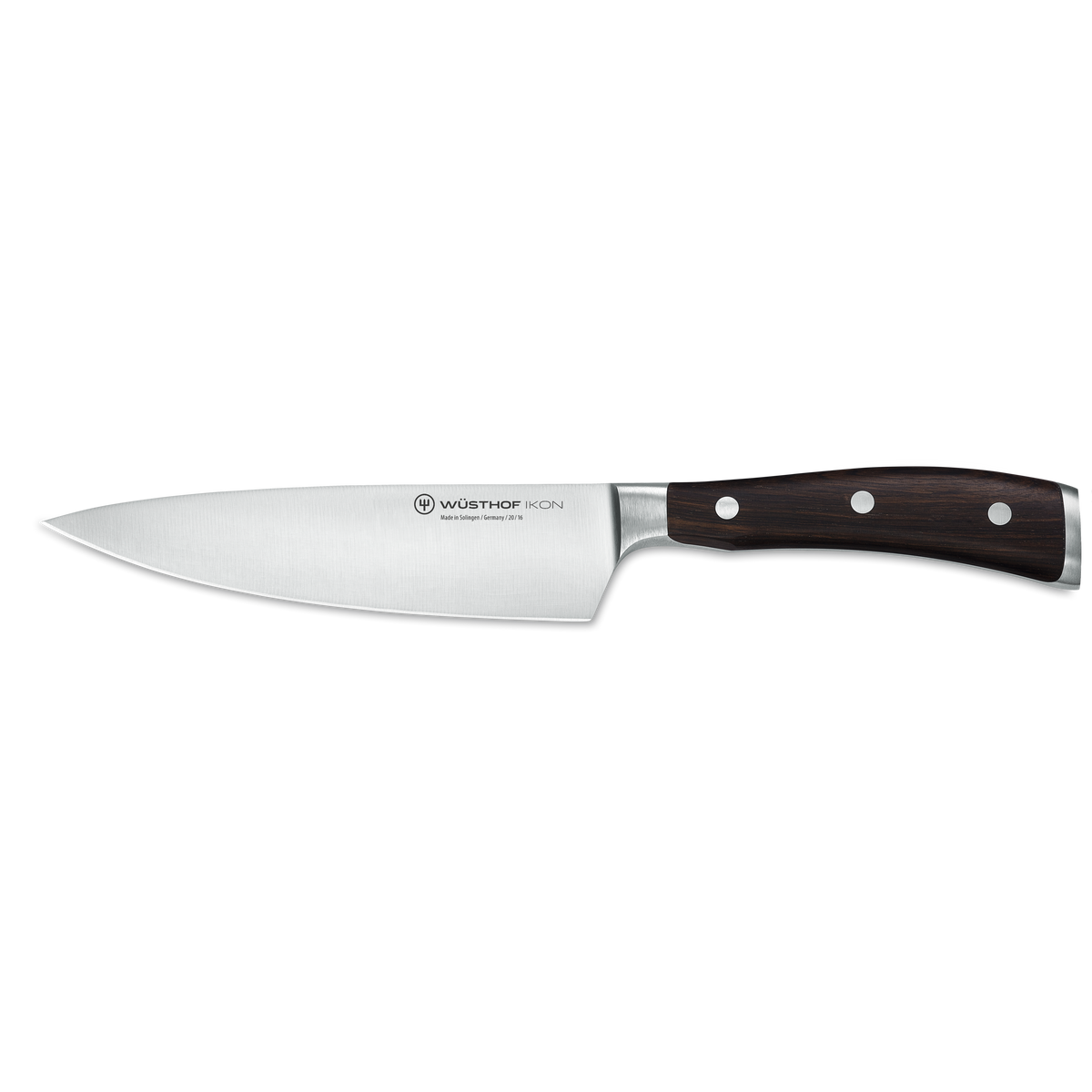 Ikon 6" Chef's Knife with polished stainless steel blade and dark wooden handle featuring three rivets, designed for precision cutting in the kitchen.
