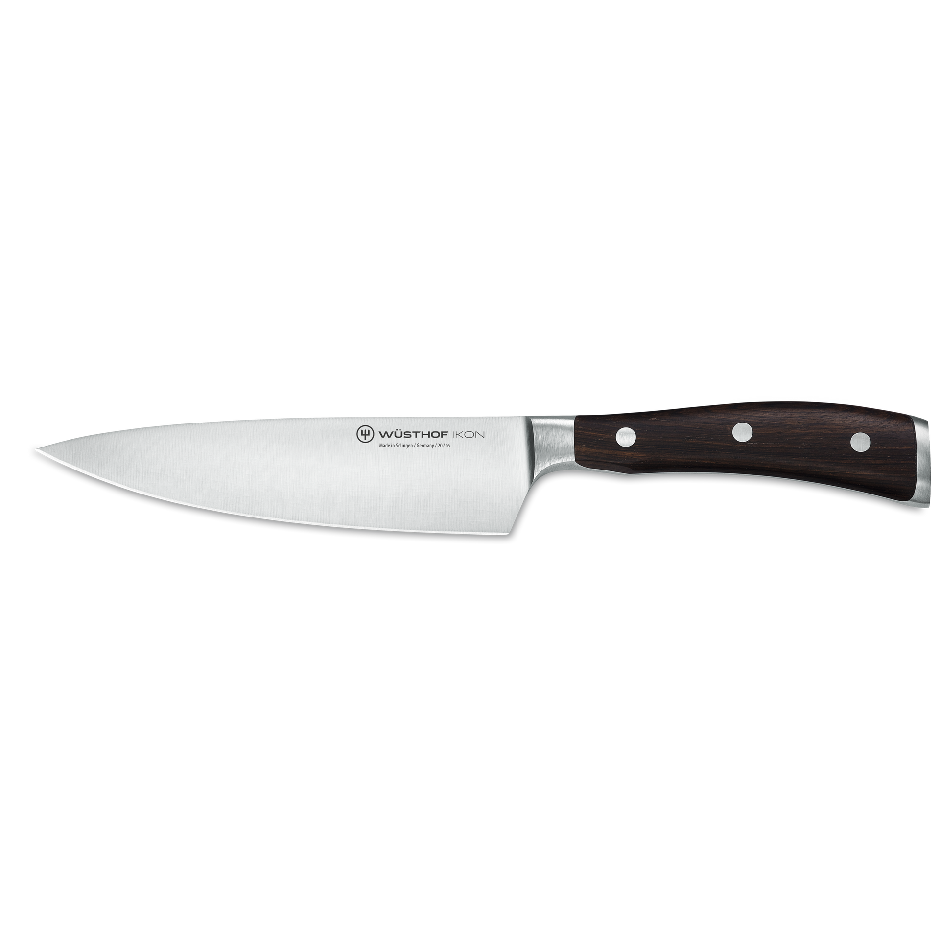 Ikon 6" Chef's Knife with polished stainless steel blade and dark wooden handle featuring three rivets, designed for precision cutting in the kitchen.