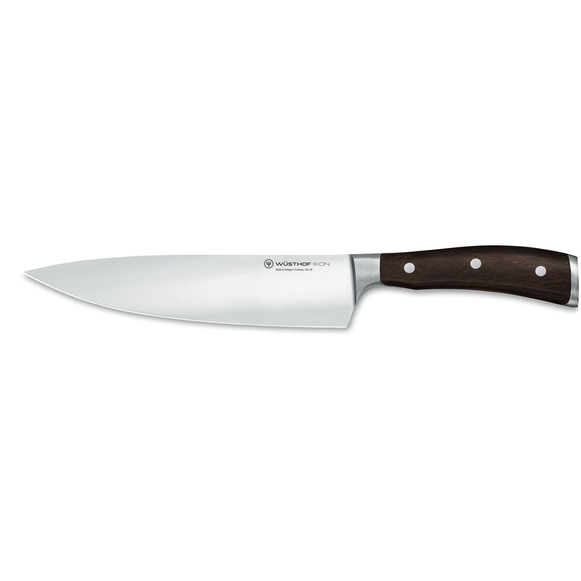 Ikon 8" Chef's Knife featuring a polished forged stainless steel blade and ergonomic dark wooden handle with three rivets for optimal precision and balance.