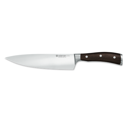Ikon 8" Chef's Knife featuring a polished forged stainless steel blade and ergonomic dark wooden handle with three rivets for optimal precision and balance.