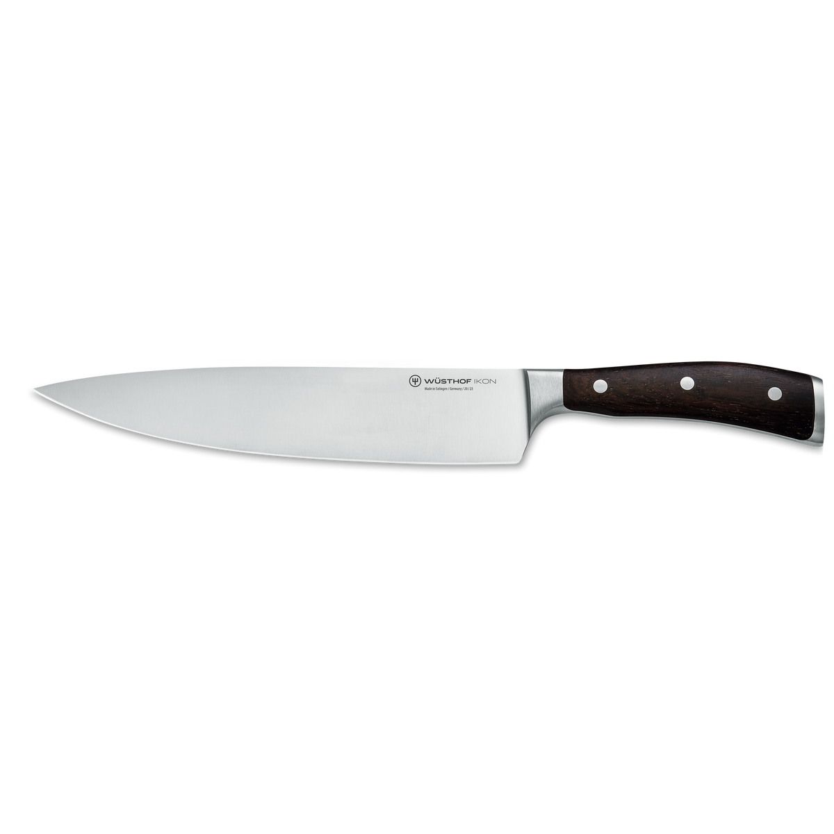 Ikon 9" Chef's Knife with polished forged German steel blade and triple-riveted dark wooden handle, designed for precise and balanced kitchen cutting.