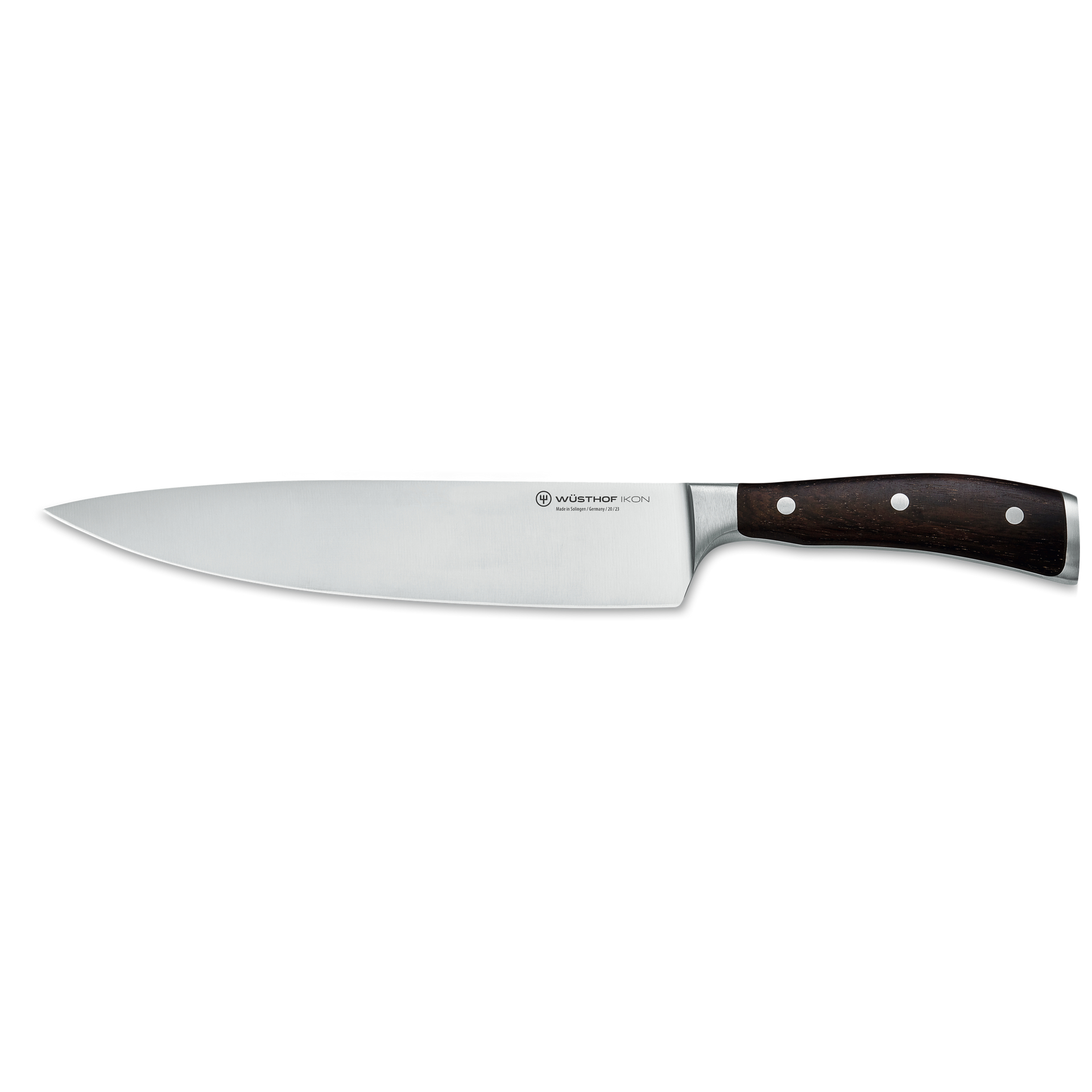 Ikon 9" Chef's Knife with polished forged German steel blade and triple-riveted dark wooden handle, designed for precise and balanced kitchen cutting.