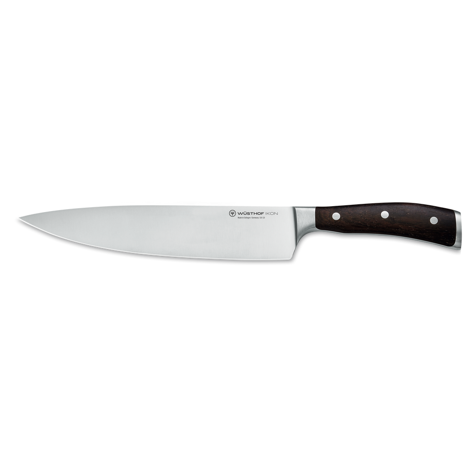 Ikon 9" Chef's Knife with polished forged German steel blade and triple-riveted dark wooden handle, designed for precise and balanced kitchen cutting.