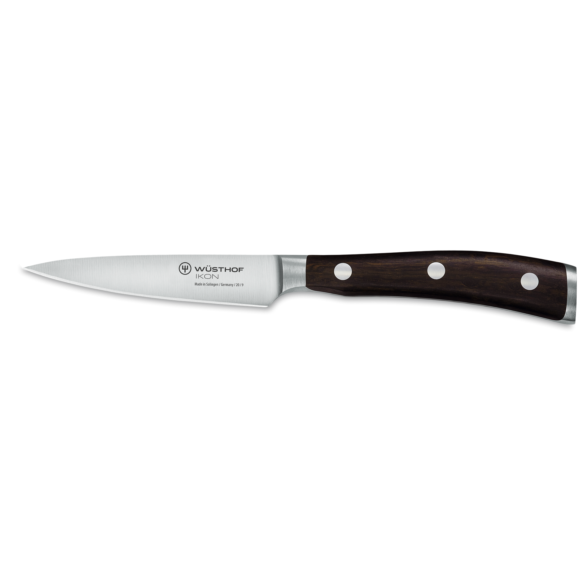 Ikon 3 1/2" Paring Knife with a polished forged stainless steel blade and ergonomic dark wooden handle featuring three rivets for balanced precision cutting.