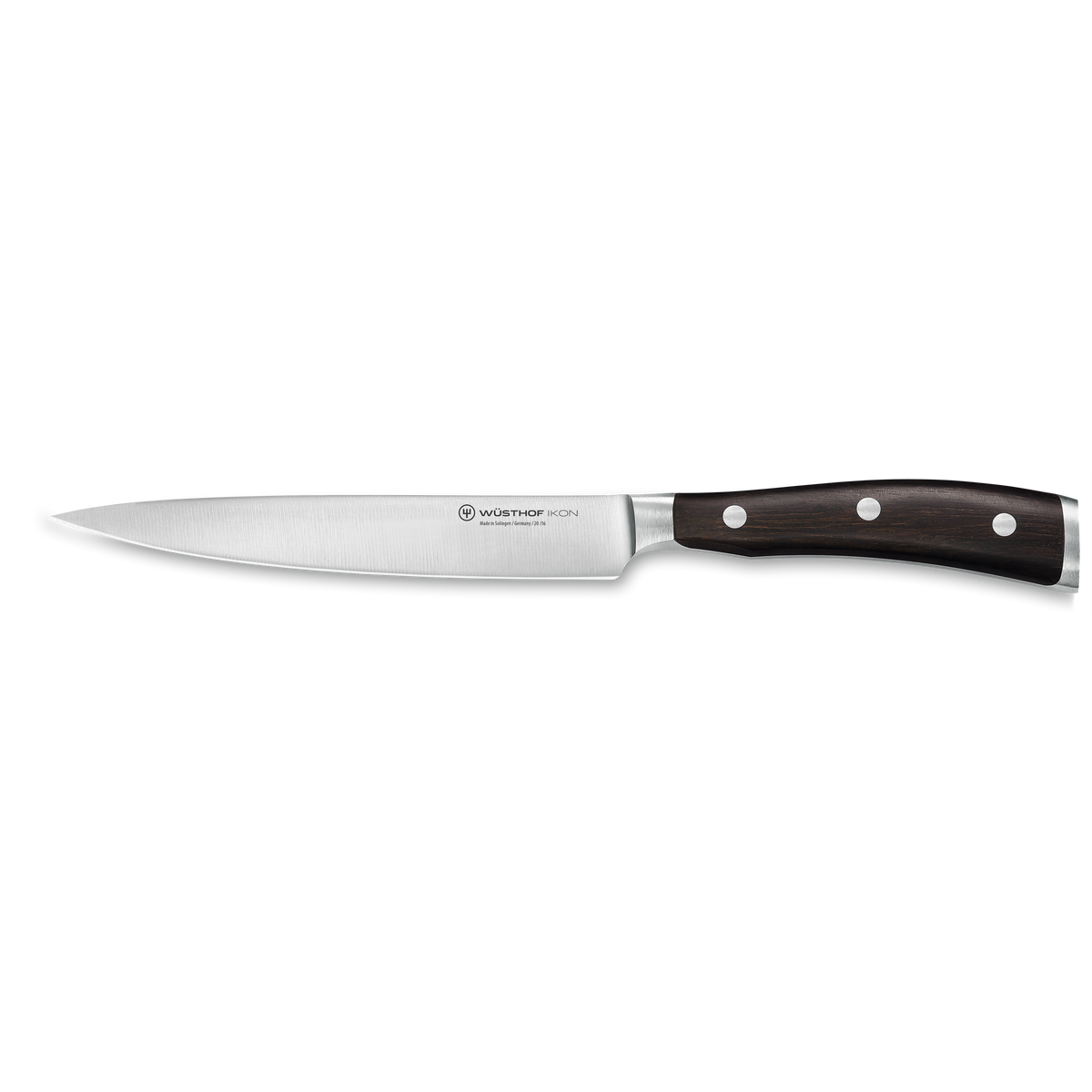 Ikon 6" Utility Knife with a polished forged stainless steel blade and ergonomic dark wooden handle featuring three rivets for balanced precision cutting.