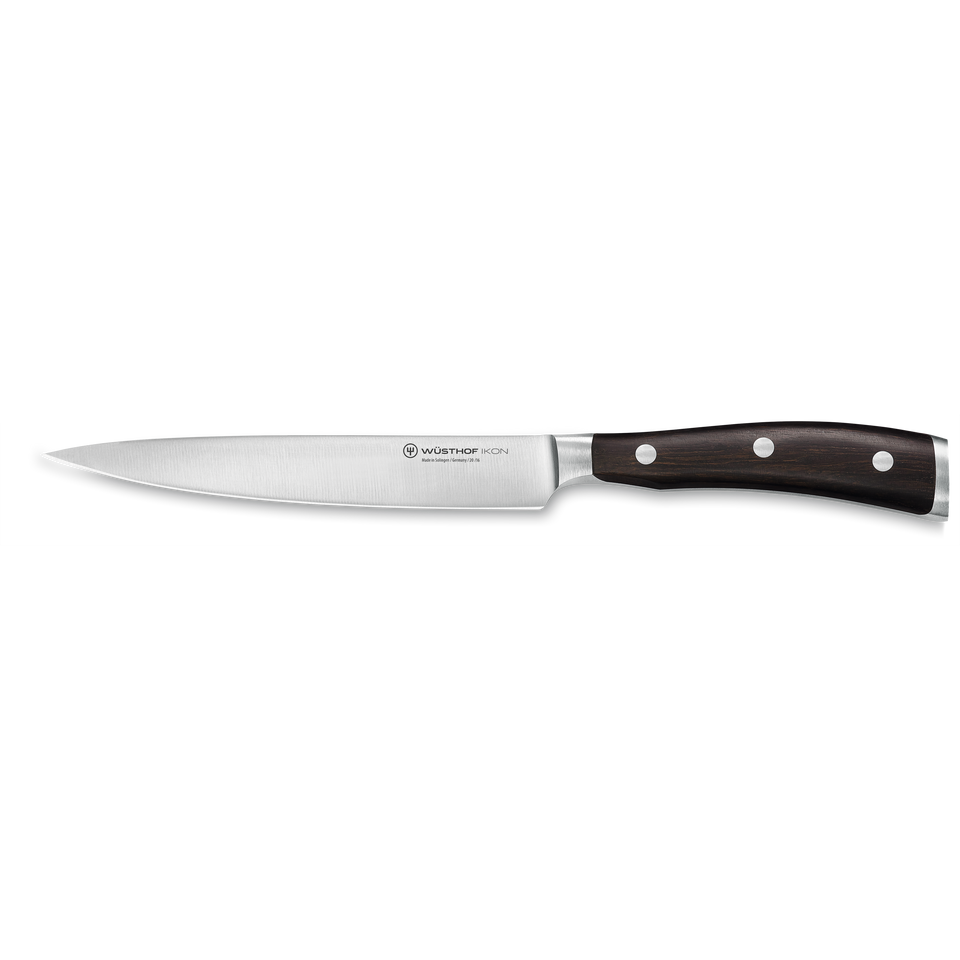 Ikon 6" Utility Knife with a polished forged stainless steel blade and ergonomic dark wooden handle featuring three rivets for balanced precision cutting.