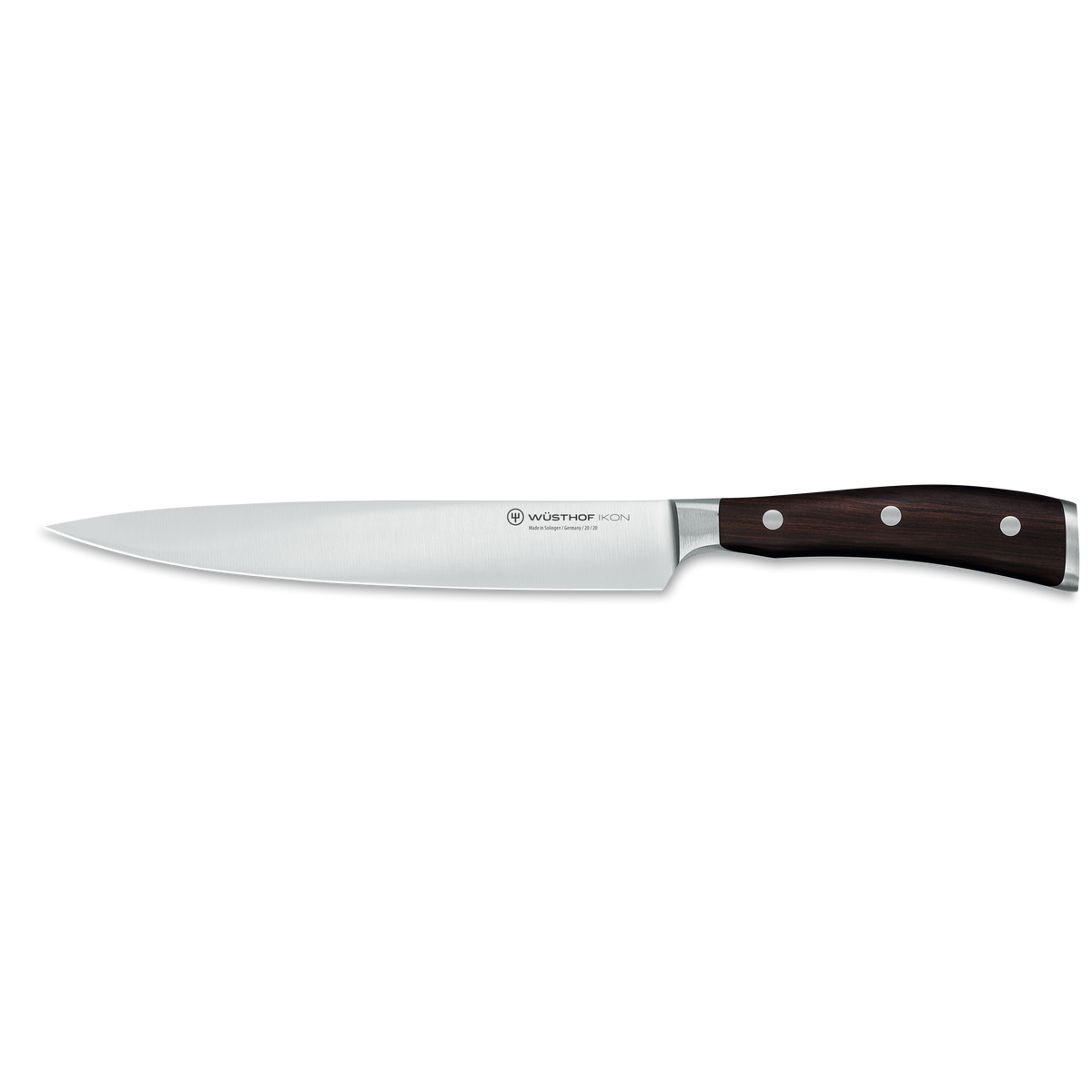 Ikon 8" Carving Knife with forged German steel blade and triple-riveted dark wooden handle, designed for precise slicing and carving tasks.