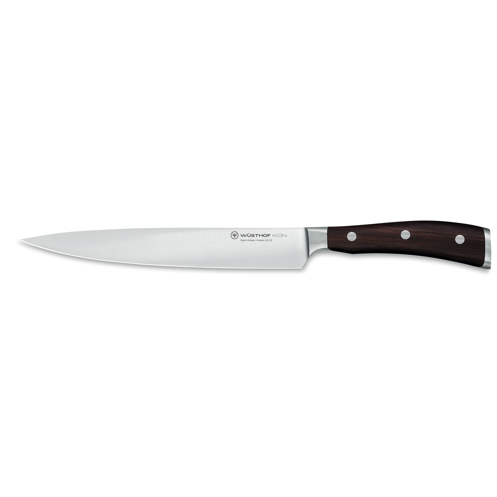 Ikon 8" Carving Knife with forged German steel blade and triple-riveted dark wooden handle, designed for precise slicing and carving tasks.