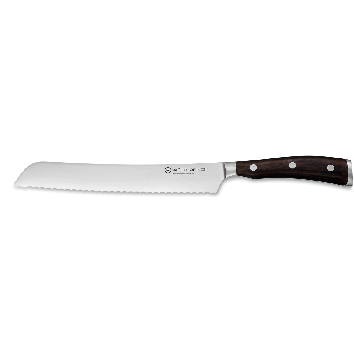 Ikon 8" Bread Knife with a long serrated stainless steel blade and dark wooden handle secured by three rivets for precise slicing and durability.
