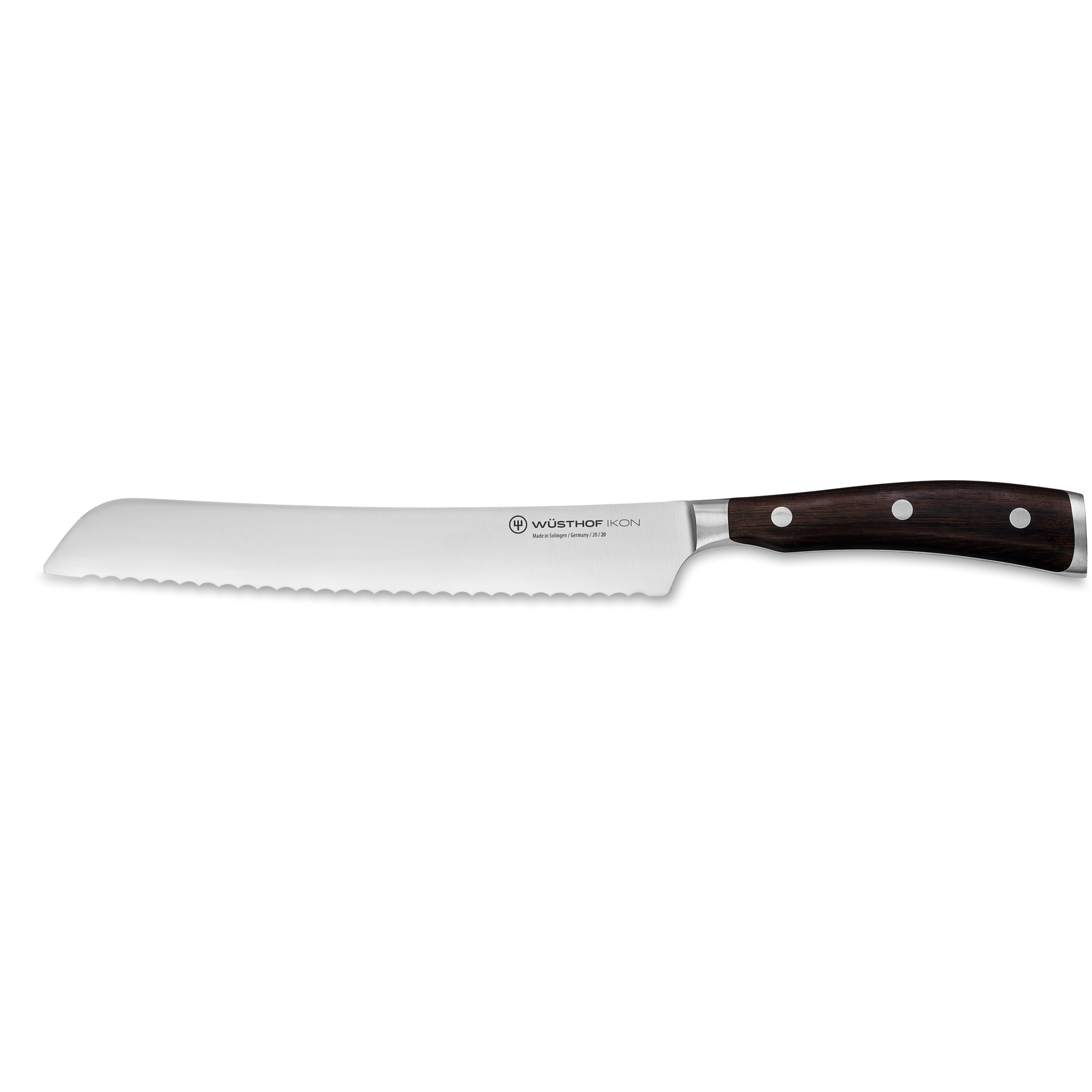 Ikon 8" Bread Knife with a long serrated stainless steel blade and dark wooden handle secured by three rivets for precise slicing and durability.