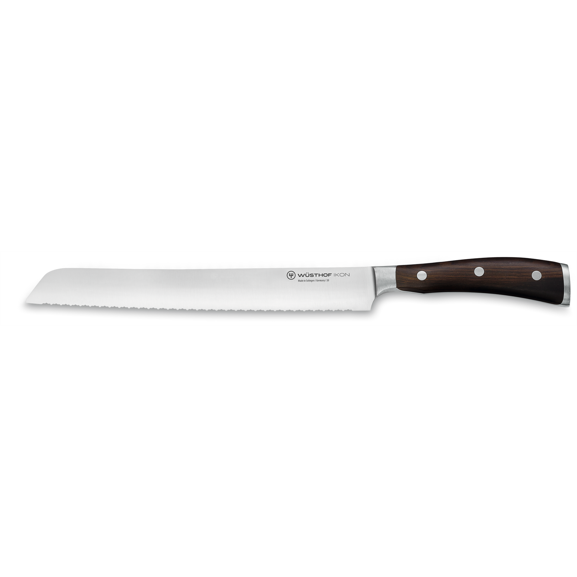 Ikon 9" Precision Double-Serrated Bread Knife featuring a dark triple-riveted wooden handle and sharp serrated German steel blade for effortless bread slicing.