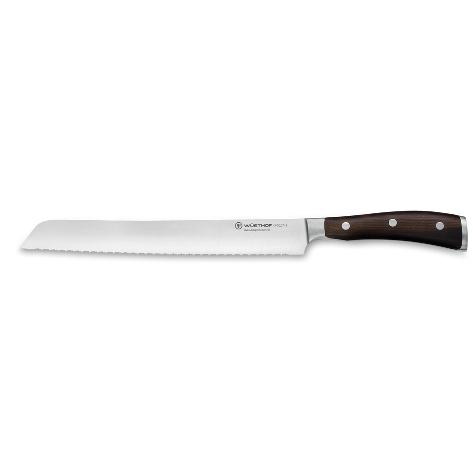 Ikon 9" Precision Double-Serrated Bread Knife featuring a dark triple-riveted wooden handle and sharp serrated German steel blade for effortless bread slicing.