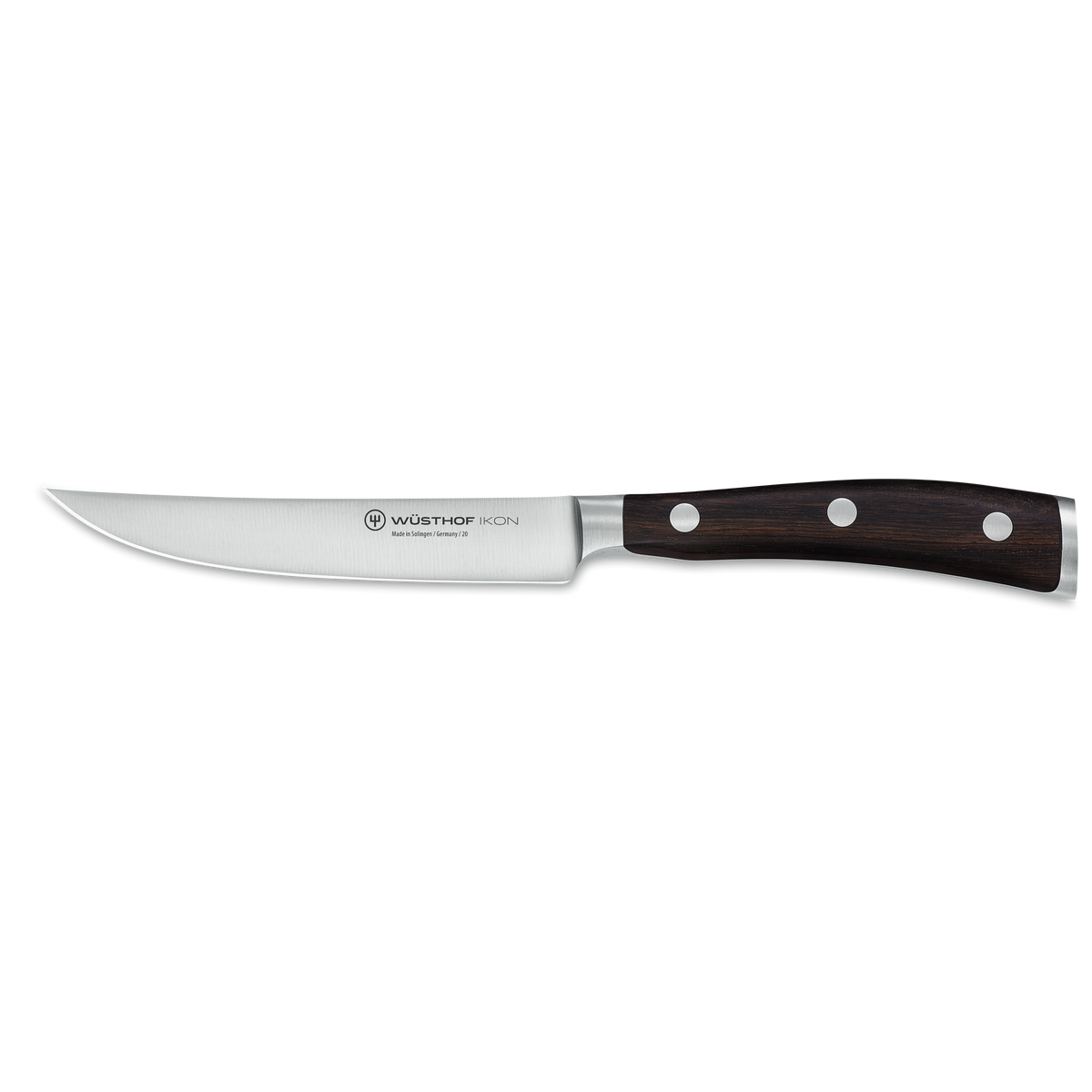 Ikon 4 1/2" Steak Knife with a curved forged stainless steel blade and dark wooden handle featuring three rivets for precise and comfortable cutting.