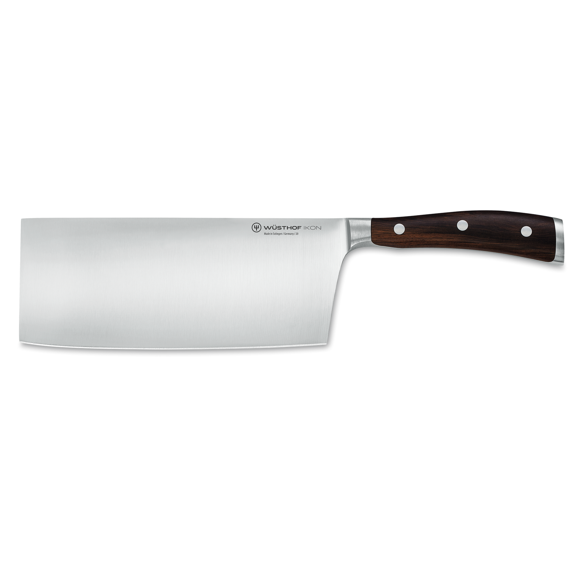 Ikon 7" Chinese Chef's Knife featuring a wide, sharp forged stainless steel blade and a polished dark wooden handle with three rivets for balance and durability.
