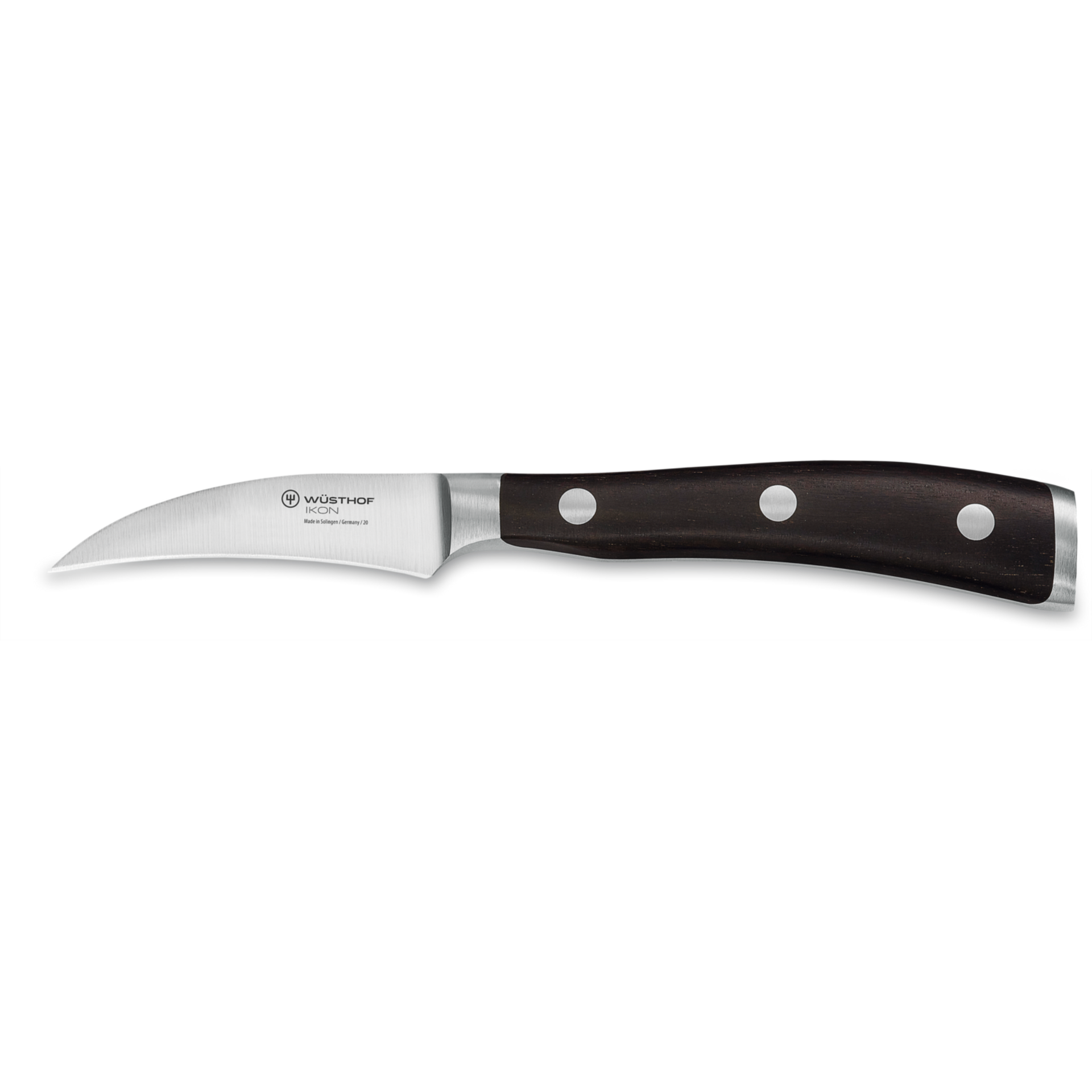 Ikon 3" Peeling Knife with a curved forged German steel blade and a dark triple-riveted wooden handle for precise peeling and detailed kitchen tasks.