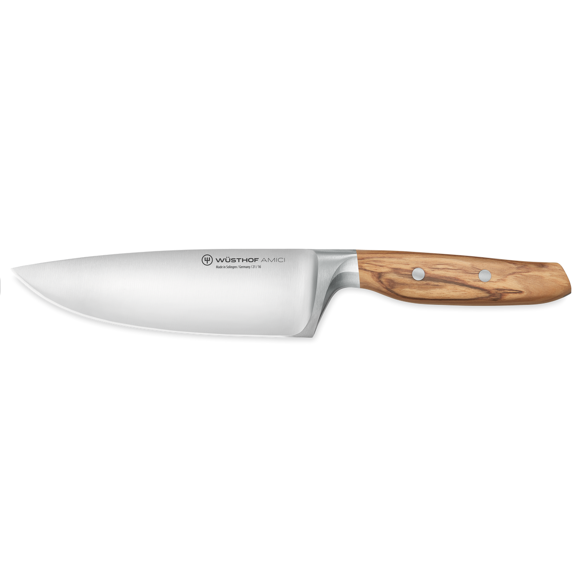 Amici 6" Chef's Knife with a smooth stainless steel blade and an ergonomic wooden handle featuring two rivets for balanced, precise cutting.