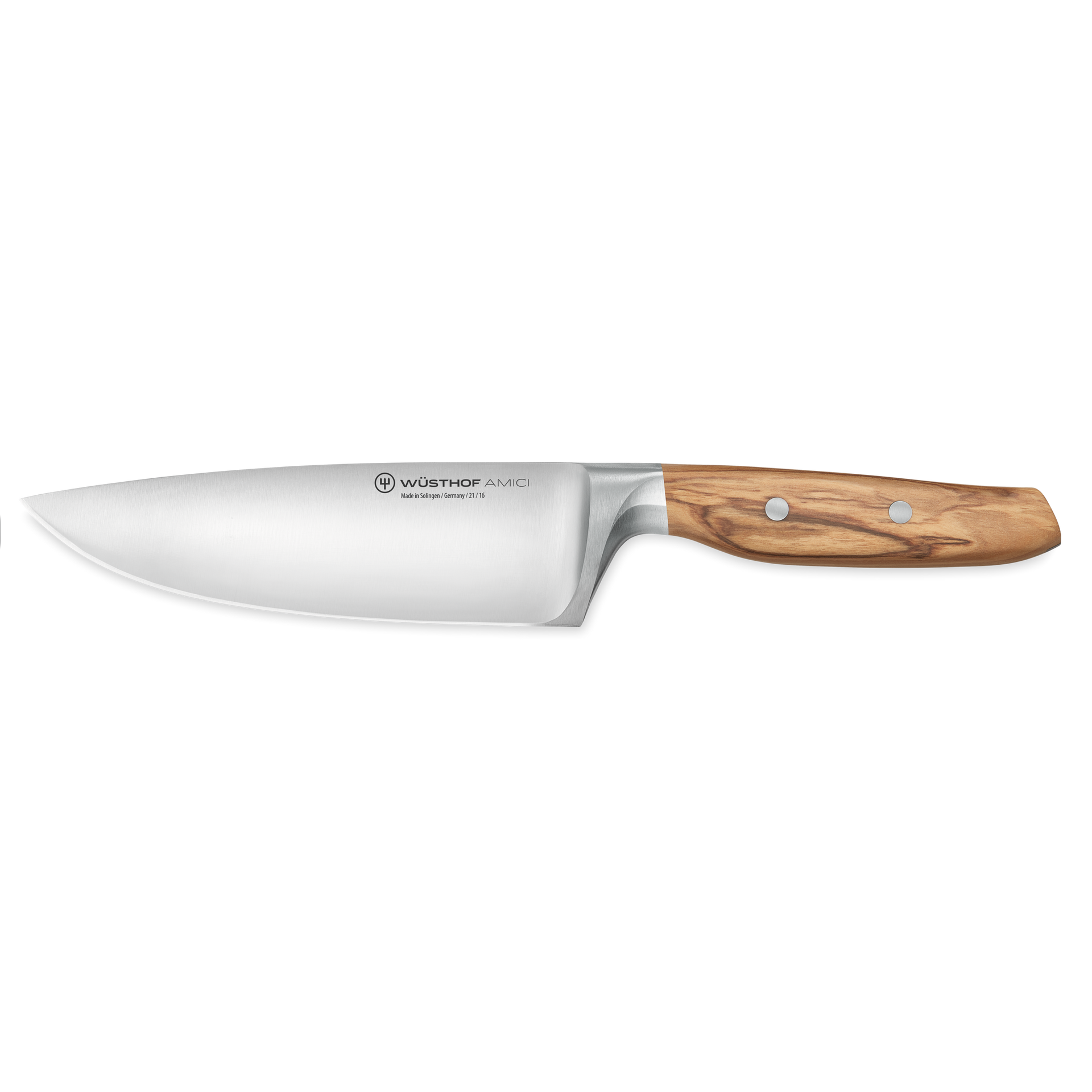 Amici 6" Chef's Knife with a smooth stainless steel blade and an ergonomic wooden handle featuring two rivets for balanced, precise cutting.