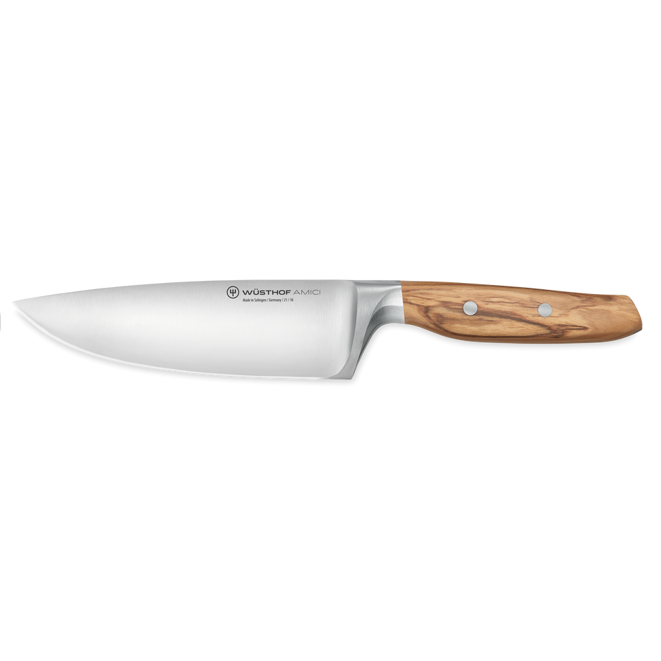 Amici 6" Chef's Knife with a smooth stainless steel blade and an ergonomic wooden handle featuring two rivets for balanced, precise cutting.