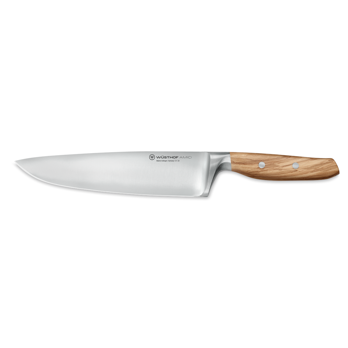 Amici 8" Chef's Knife with a finely forged stainless steel blade and ergonomic light wooden handle featuring two rivets for balanced cutting precision.