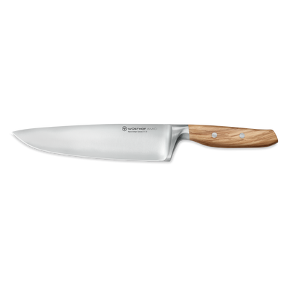 Amici 8" Chef's Knife with a finely forged stainless steel blade and ergonomic light wooden handle featuring two rivets for balanced cutting precision.
