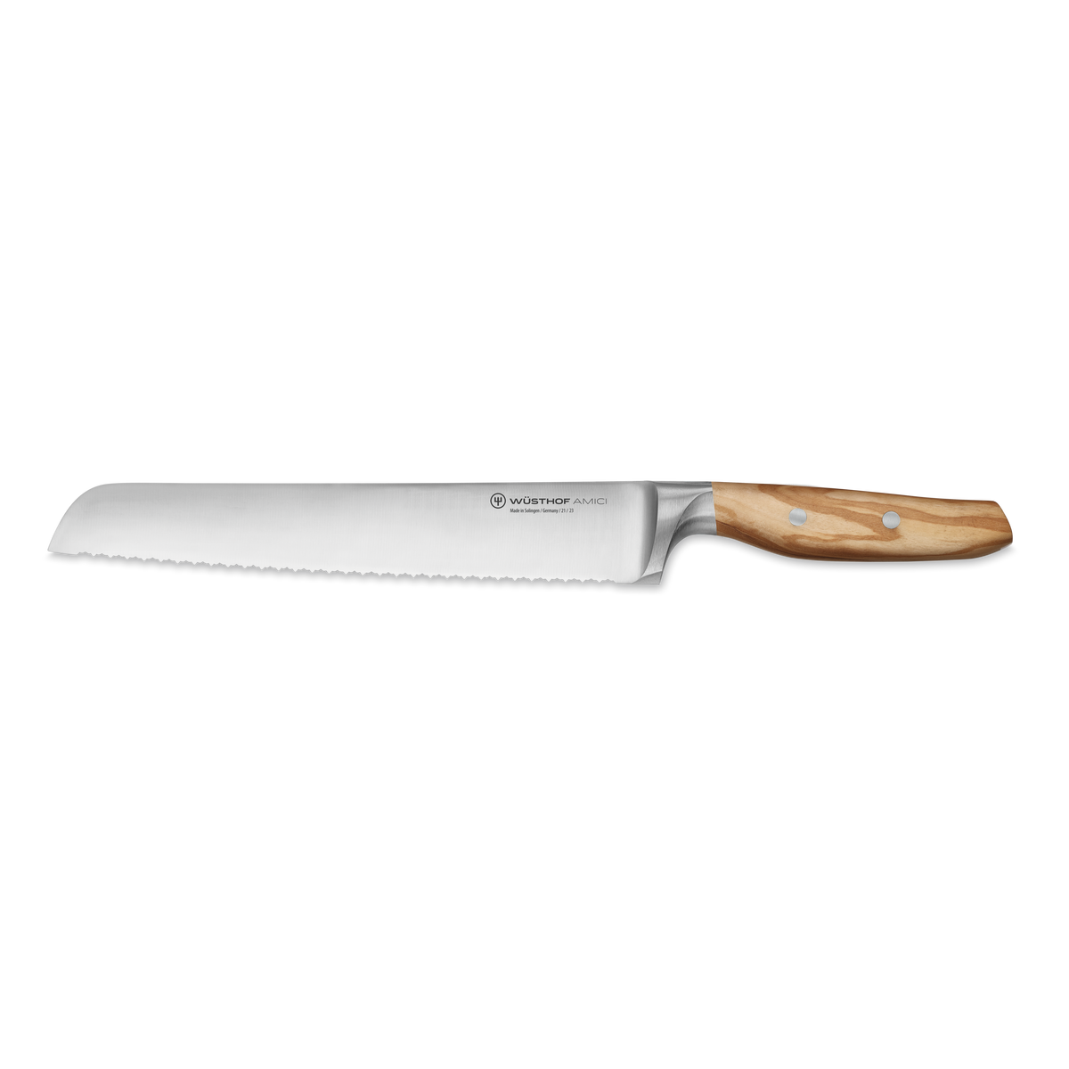 Amici 9" Precision Double-Serrated Bread Knife with a forged stainless steel blade and a smooth natural wood handle secured by metal rivets.