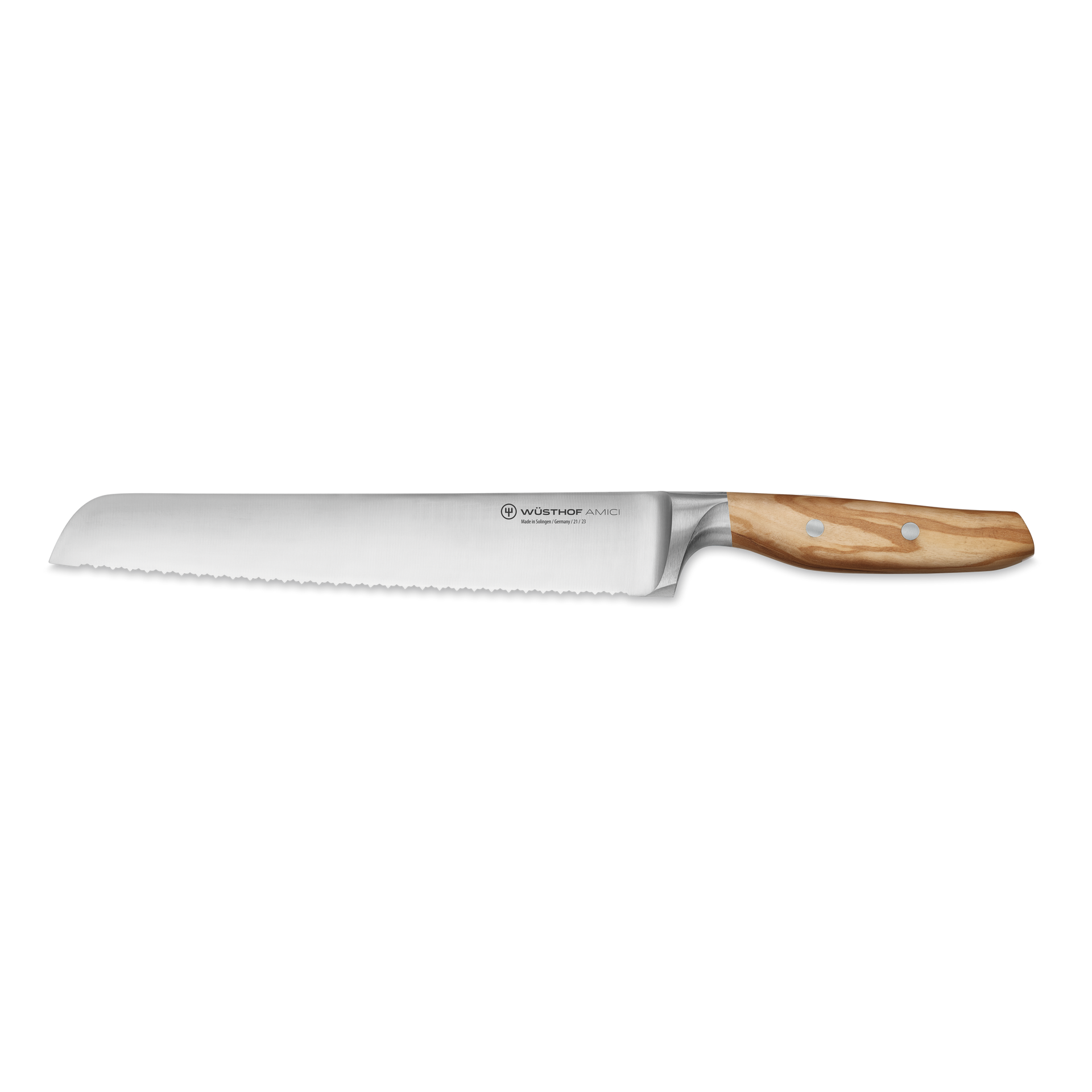 Amici 9" Precision Double-Serrated Bread Knife with a forged stainless steel blade and a smooth natural wood handle secured by metal rivets.