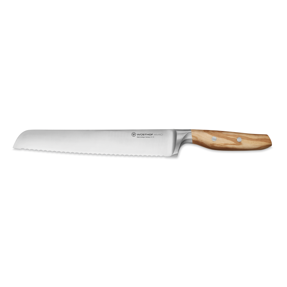 Amici 9" Precision Double-Serrated Bread Knife with a forged stainless steel blade and a smooth natural wood handle secured by metal rivets.