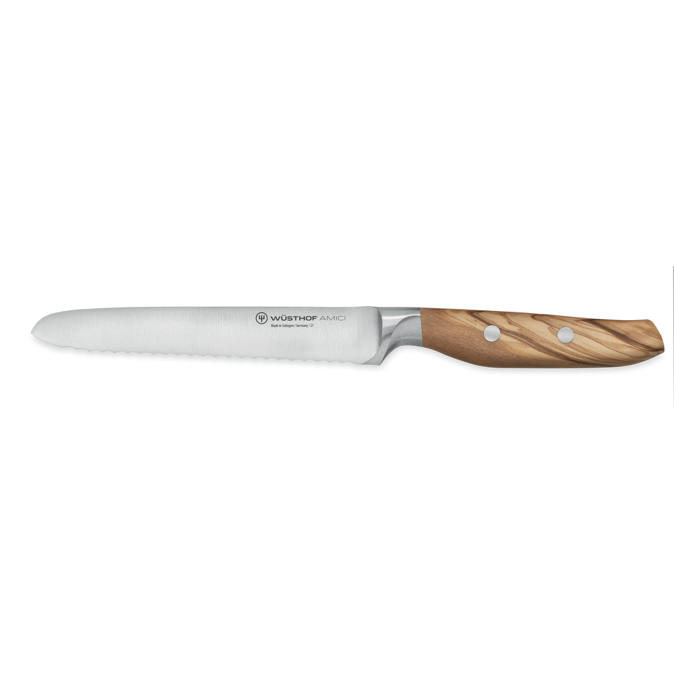 Amici 5" Serrated Utility Knife with a finely serrated stainless steel blade and a smooth olive wood handle secured by two metal rivets.