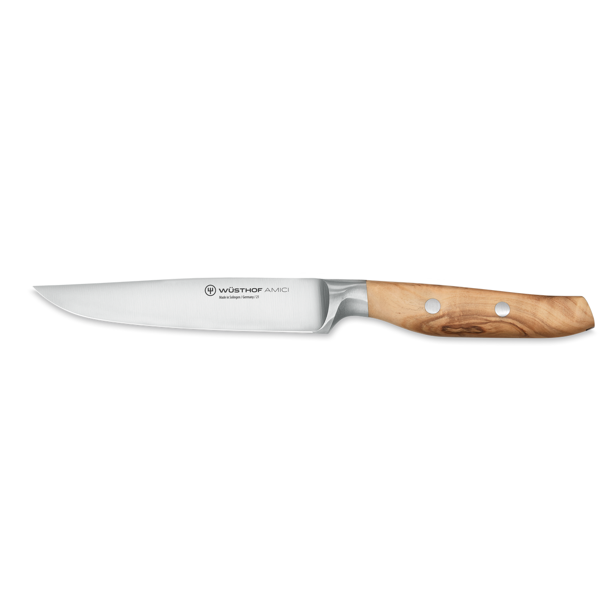 Amici 4 1/2" Steak Knife with a polished stainless steel blade and ergonomic olive wood handle secured by three metal rivets, featuring a smooth finish.