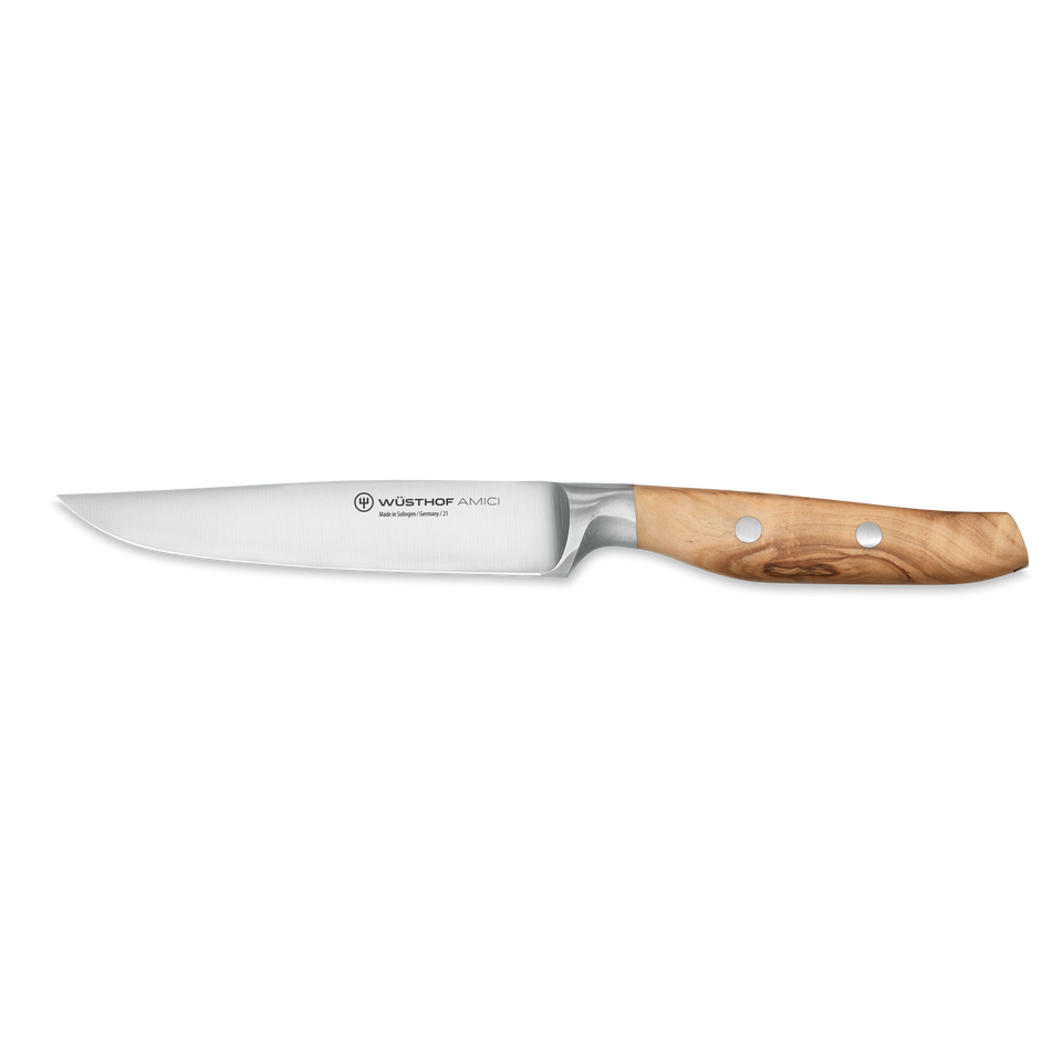Amici 4 1/2" Steak Knife with a polished stainless steel blade and ergonomic olive wood handle secured by three metal rivets, featuring a smooth finish.