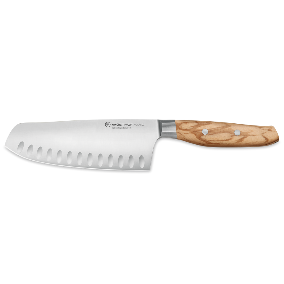 Amici 7" Hollow Edge Rotoku with a forged stainless steel blade featuring hollow indentations and a smooth olive wood handle with metal rivets.