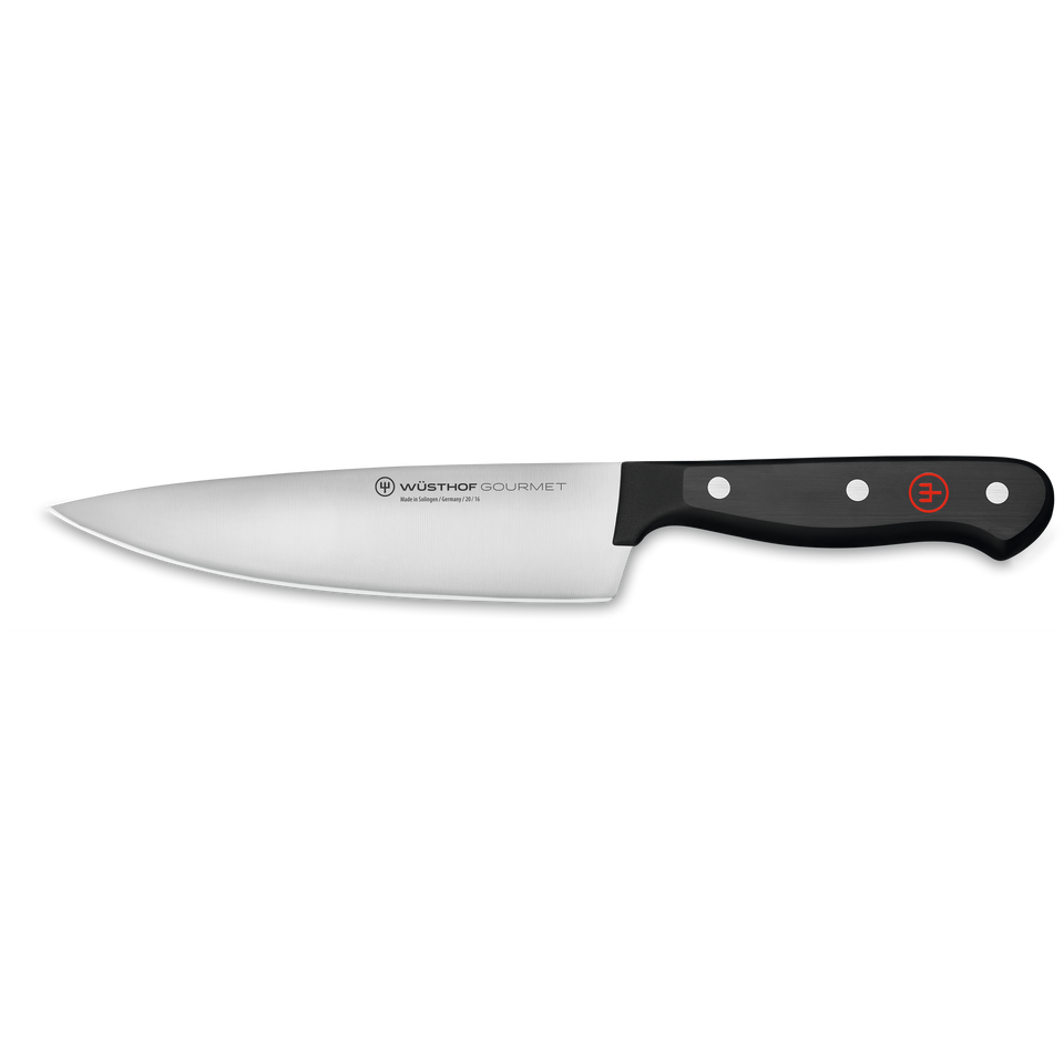 Gourmet 6" Chef's Knife with a taper grind forged stainless steel blade and a sleek black synthetic handle featuring two rivets and a red emblem.