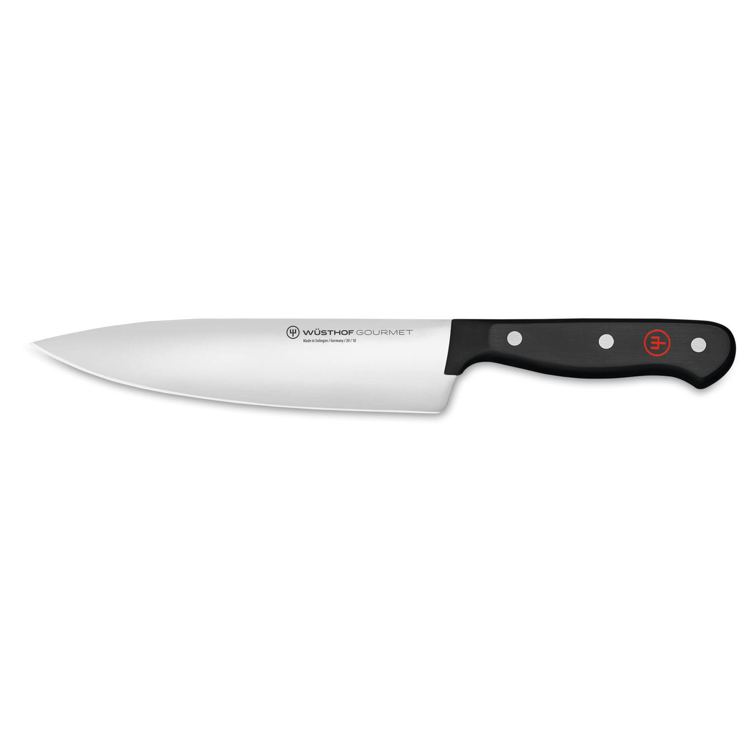 Gourmet 7" Chef's Knife featuring a sharp forged German steel blade with a black ergonomic triple-riveted handle for precise kitchen cutting tasks.
