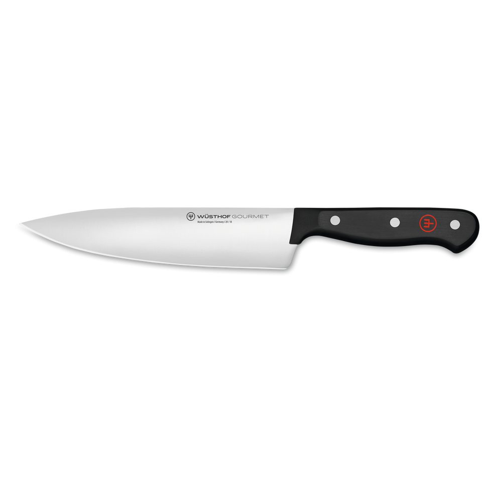 Gourmet 7" Chef's Knife featuring a sharp forged German steel blade with a black ergonomic triple-riveted handle for precise kitchen cutting tasks.