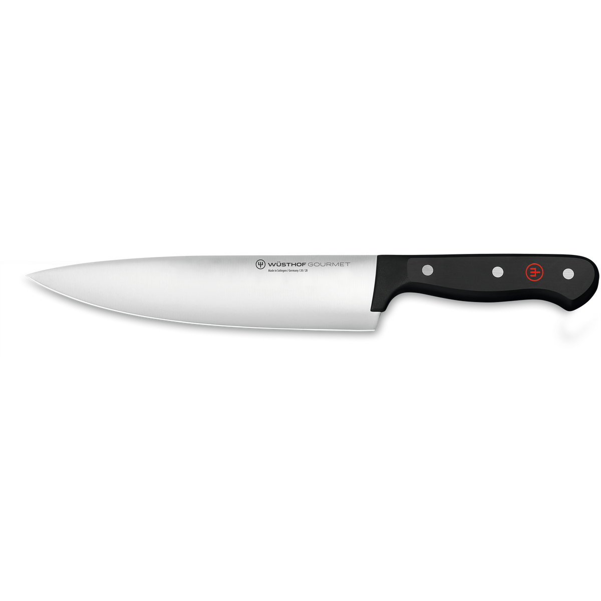 Gourmet 8" Chef's Knife with a forged stainless steel blade and ergonomic black synthetic handle featuring three rivets and a red emblem for precise cutting.