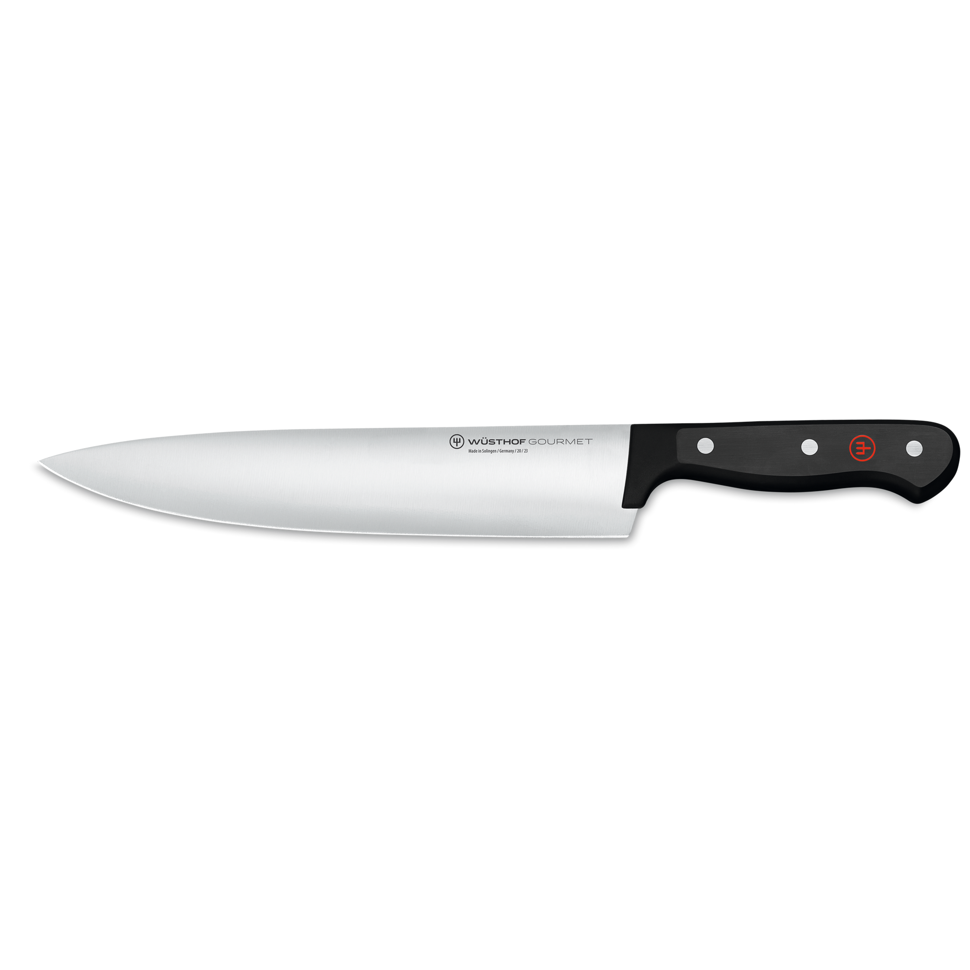 Gourmet 9" Chef's Knife with a sharp forged German steel blade and ergonomic black handle featuring triple rivets for balanced, precise cutting.
