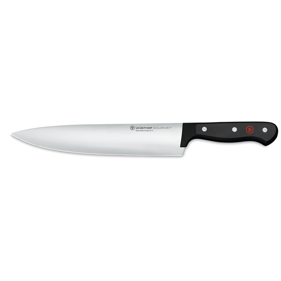 Gourmet 9" Chef's Knife with a sharp forged German steel blade and ergonomic black handle featuring triple rivets for balanced, precise cutting.