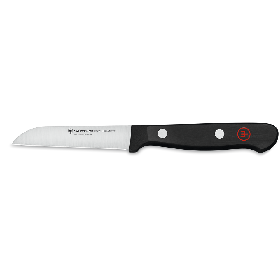 Gourmet 3" Flat Cut Paring Knife with a sharp forged German steel blade and a triple-riveted black handle designed for precise small-scale kitchen tasks.