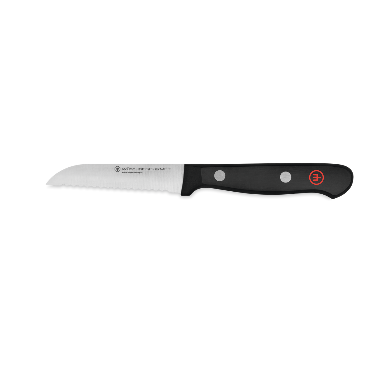 Gourmet 3" Serrated Paring Knife with a serrated stainless steel blade and a black synthetic handle featuring two rivets and a red WÜSTHOF emblem.