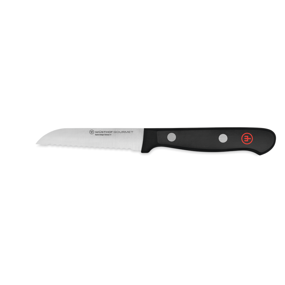 Gourmet 3" Serrated Paring Knife with a serrated stainless steel blade and a black synthetic handle featuring two rivets and a red WÜSTHOF emblem.