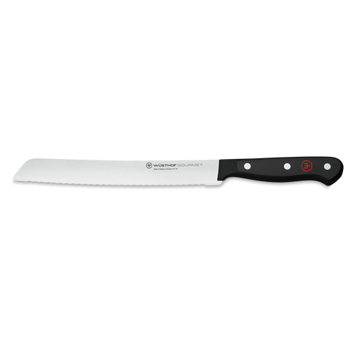 Gourmet 8" Bread Knife with a serrated stainless steel blade and a black synthetic handle secured by three rivets and a red emblem for clean slicing.