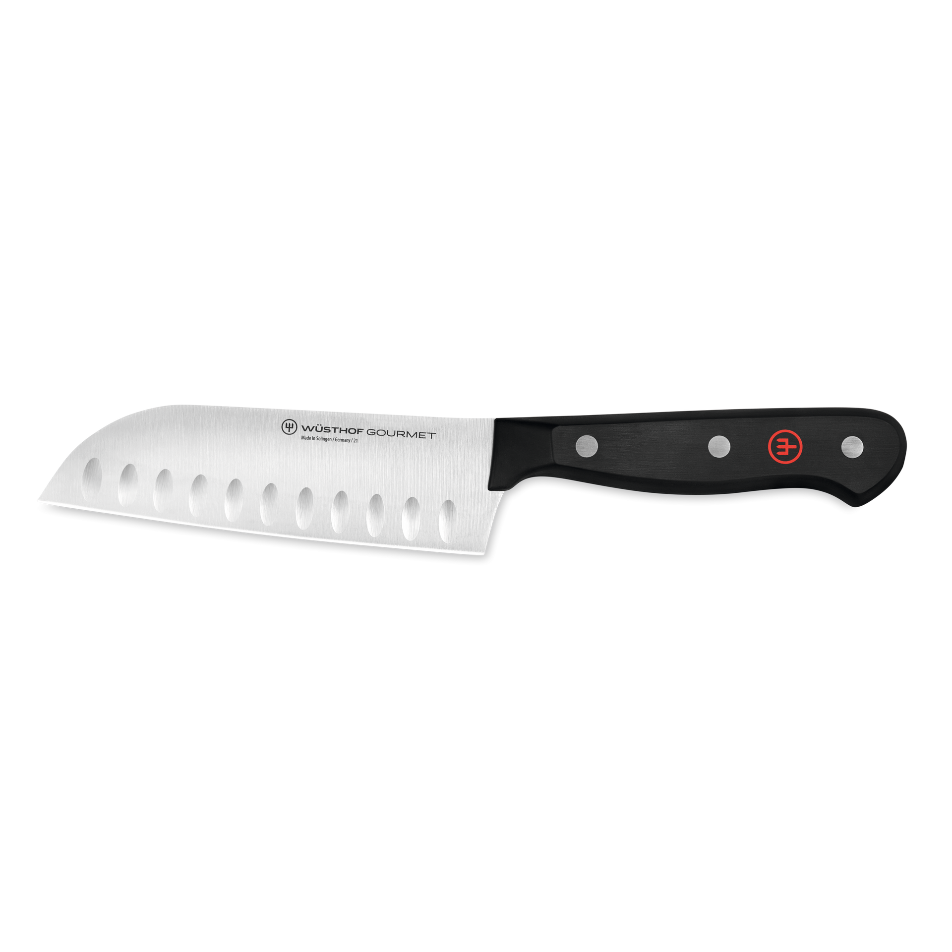 Gourmet 5" Hollow Edge Santoku featuring a forged German blade with hollow edge for precise slicing and a triple-riveted black handle for comfort and control.