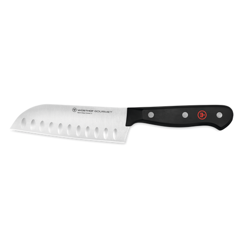 Gourmet 5" Hollow Edge Santoku featuring a forged German blade with hollow edge for precise slicing and a triple-riveted black handle for comfort and control.