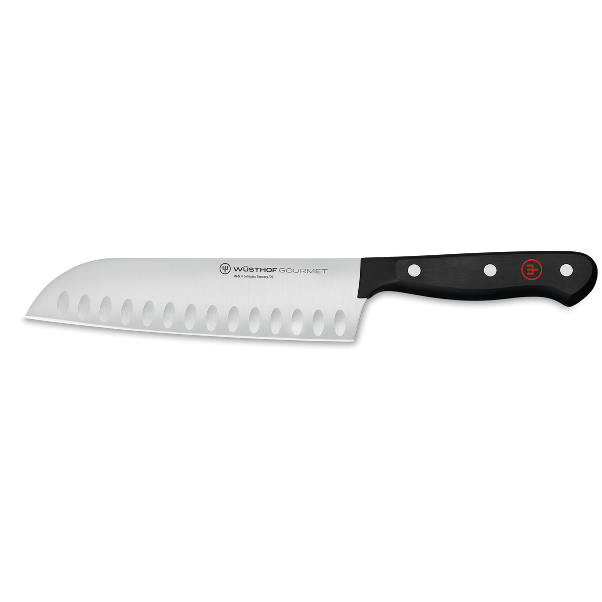 Gourmet 7" Hollow Edge Santoku with a polished stainless steel blade featuring hollow indentations and a black synthetic handle with three rivets and a red emblem.