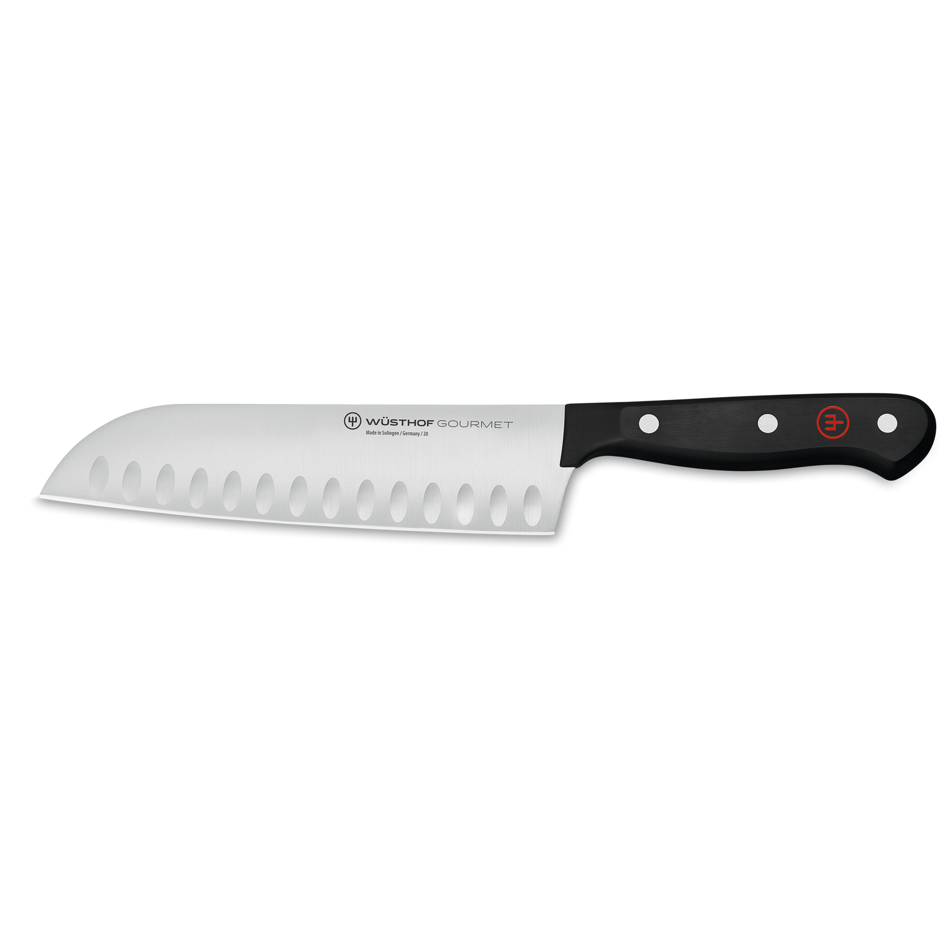 Gourmet 7" Hollow Edge Santoku with a polished stainless steel blade featuring hollow indentations and a black synthetic handle with three rivets and a red emblem.