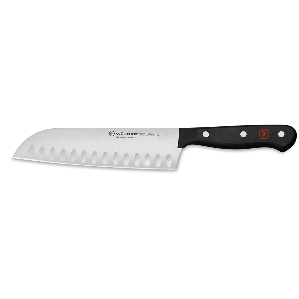 Gourmet 7" Hollow Edge Santoku with a polished stainless steel blade featuring hollow indentations and a black synthetic handle with three rivets and a red emblem.