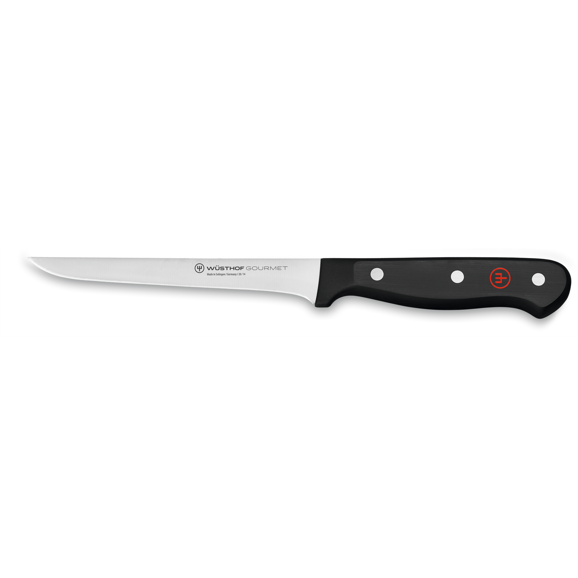 Gourmet 5" Boning Knife with a slim, curved forged stainless steel blade and a black synthetic handle secured by three rivets featuring a red emblem.