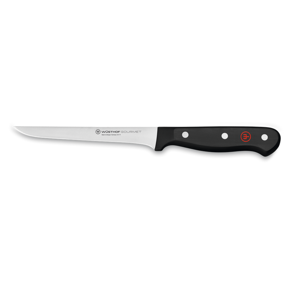 Gourmet 5" Boning Knife with a slim, curved forged stainless steel blade and a black synthetic handle secured by three rivets featuring a red emblem.